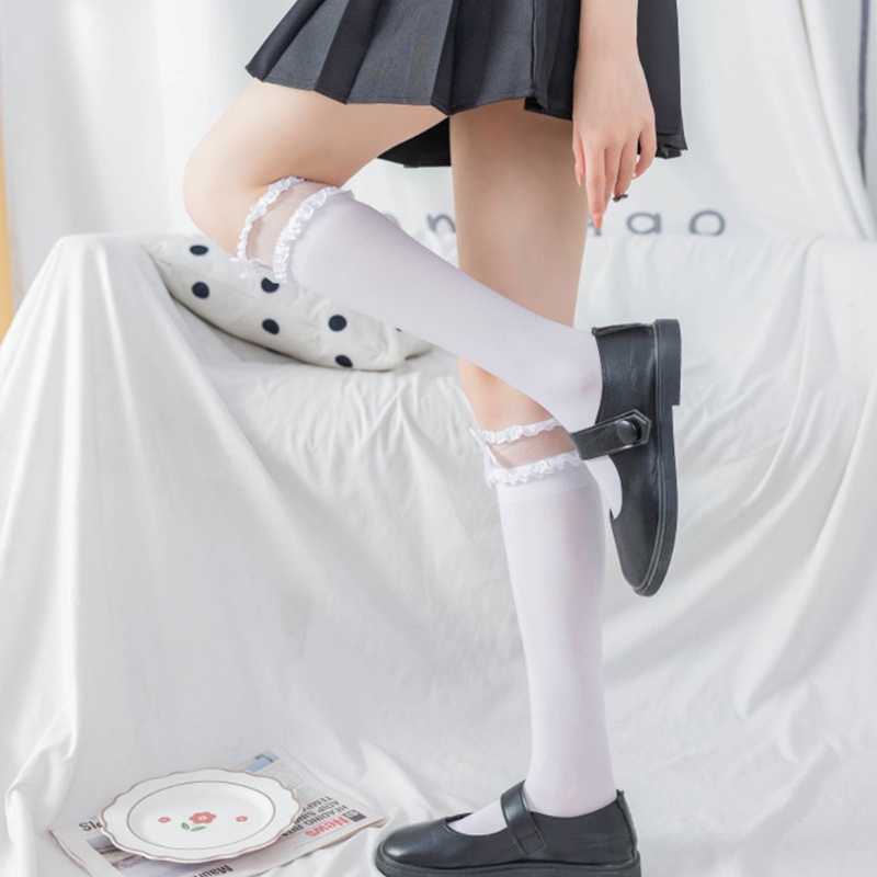 Vớ lưới cao đến đầu gối đàn hồi phối bèo nhún ren nơ phong cách công chúa lolita xinh xắn quyến rũ dành cho nữ