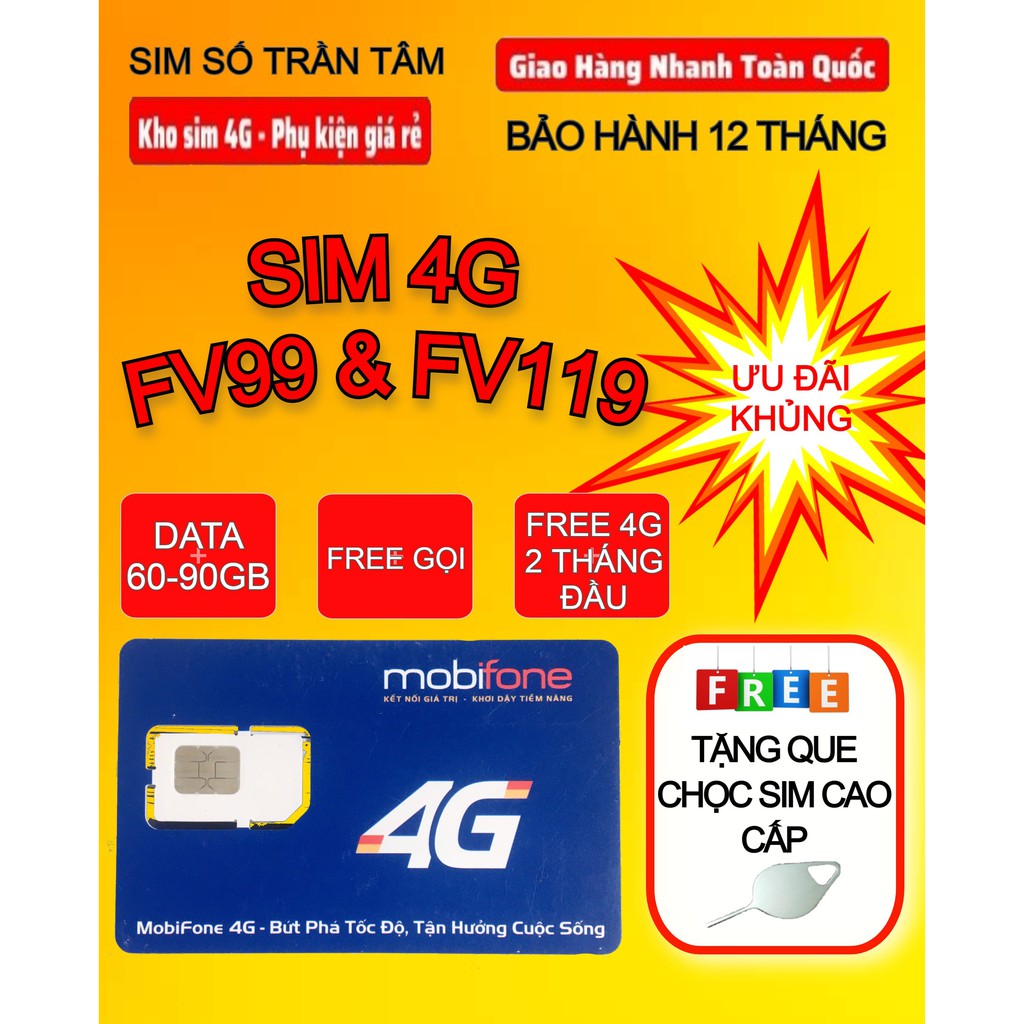 109K- Sim 4G Mobifone trọn gói FV119 (miễn phí 3GB cho 2 tháng đầu) - TẶNG KÈM QUE LẤY SIM CAO CẤP