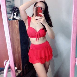 Bikini set áo cánh tiên quần váy đỏ hai tầng