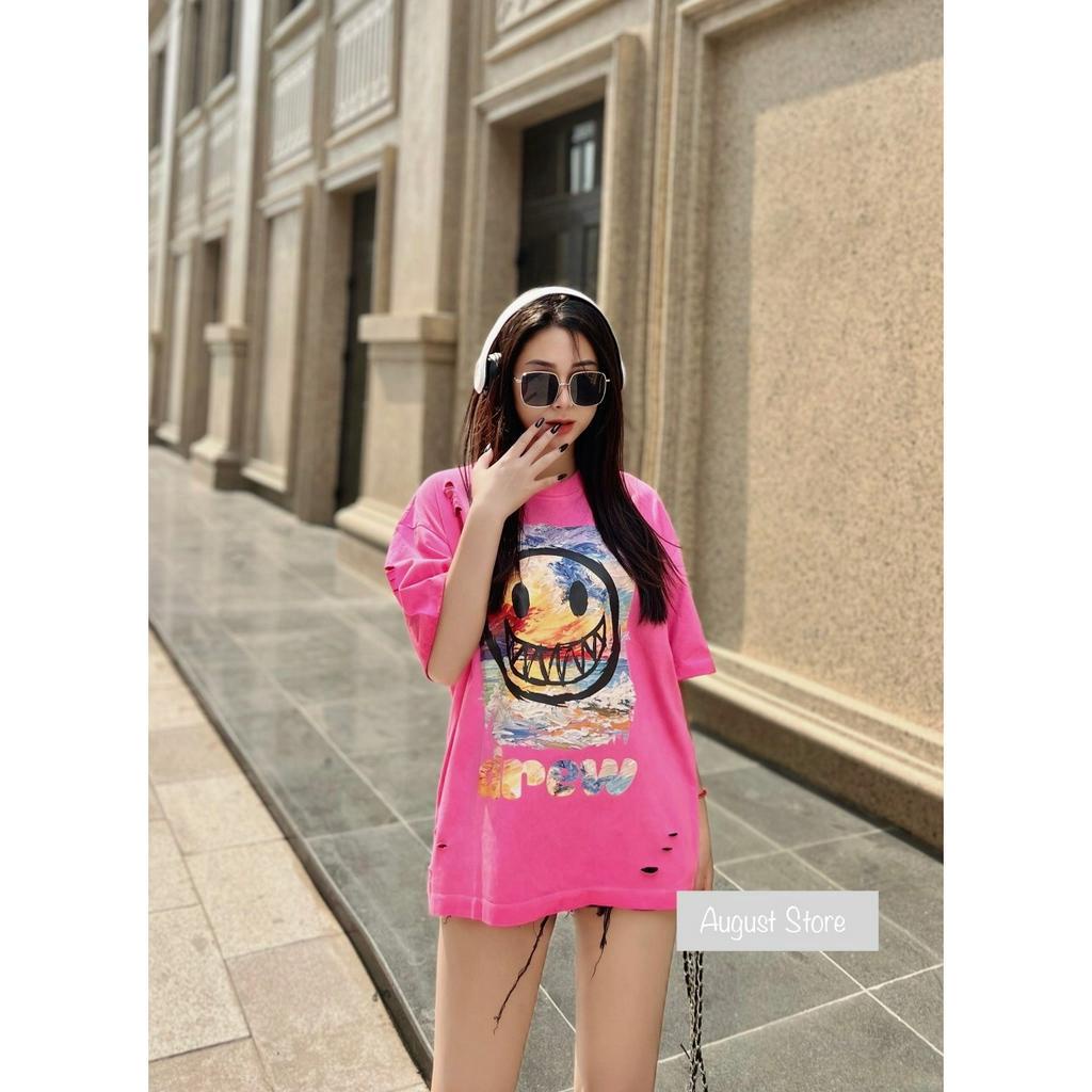 Áo Phông Drew Mặt Cười Thun Cộc Tay Loang Rách Dáng Rộng Giấu Quần Freesize