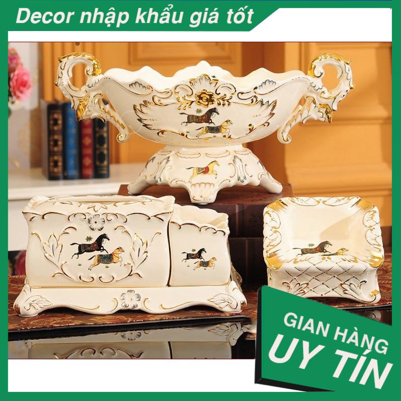 Decor đẹp - Bộ 3 món Đĩa trái cây, Hộp giấy, Gạt tàn, Họa tiết Mã đáo thành công ý nghĩa, Hàng [Cao cấp]