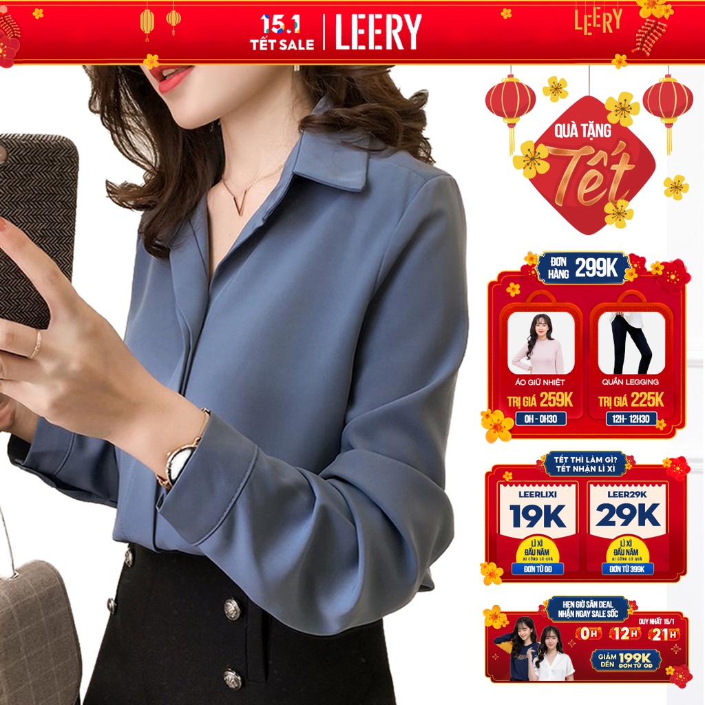 Áo sơ mi nữ công sở dài tay kiểu Hàn Quốc form rộng chất lụa đẹp cao cấp màu Trắng Đen Xanh Be LEERY SM-01