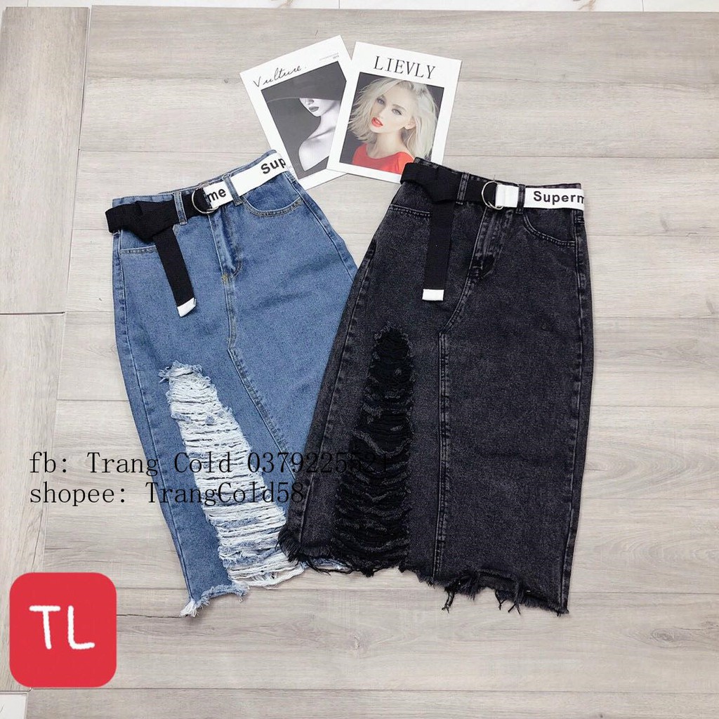 Chân váy bò rách kèm đai xẻ sau hàng loại 1 ( Ảnh thật shop chụp )