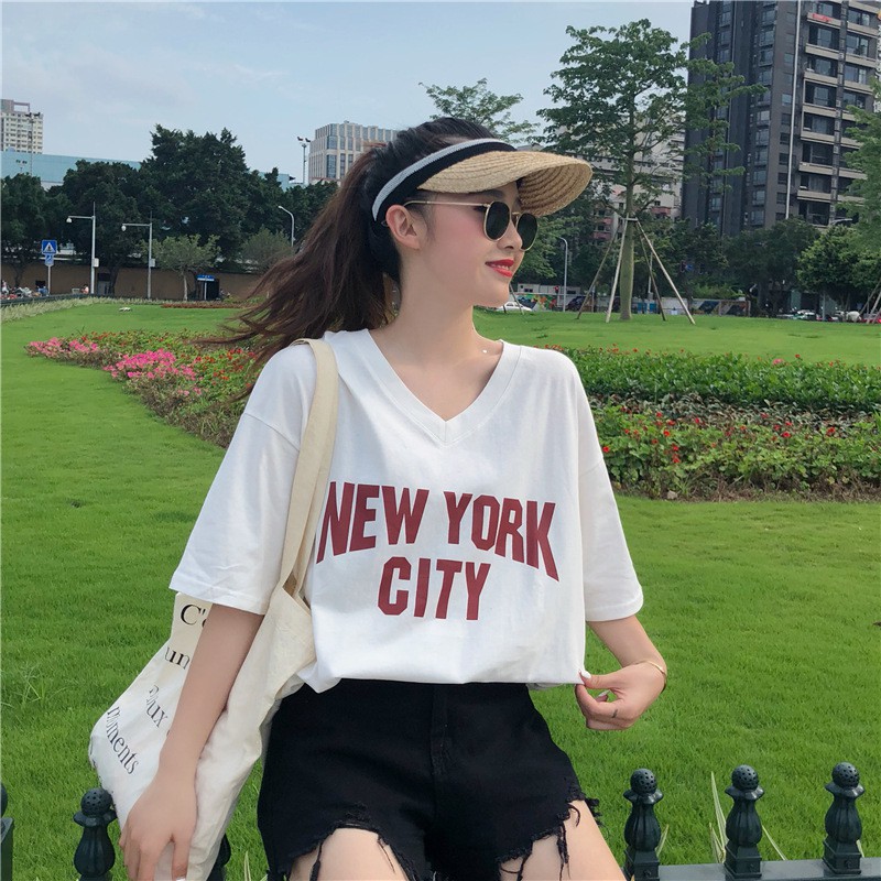 Áo Thun Cotton Tay Lỡ New York City Trắng Phong Cách Điệu Đà