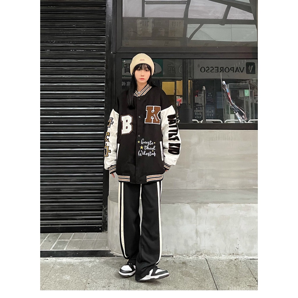 Áo Khoác Bomber Cardigan Họa Tiết In BK Varsity Form Rộng Nam Nữ Unisex Phong Cách Thu Đông Ulzzang