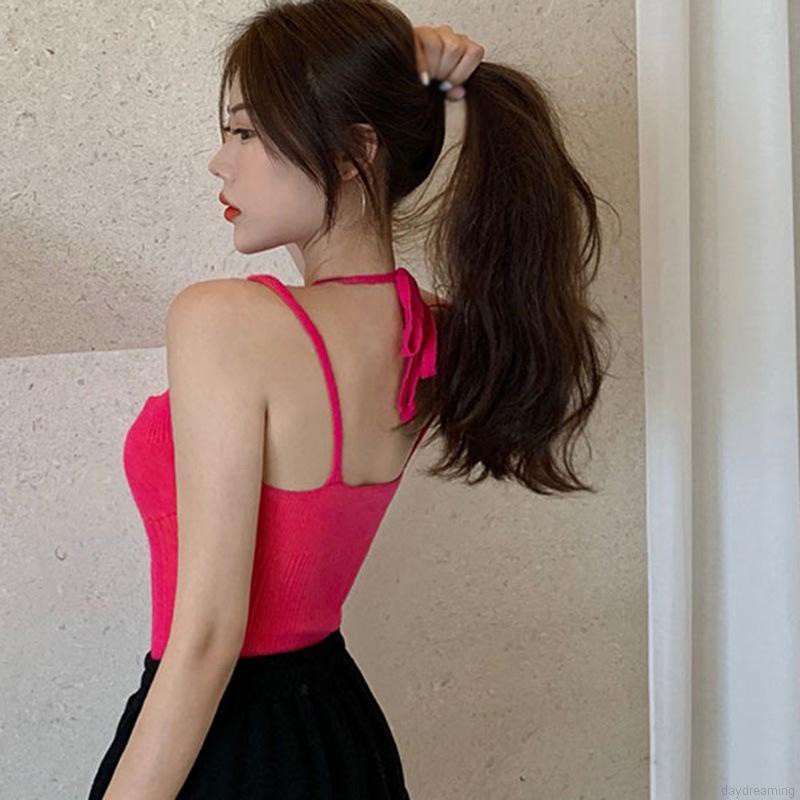 Áo Tank Top Dệt Kim Hai Dây Màu Trơn Dáng Ôm Gợi Cảm Cho Nữ
