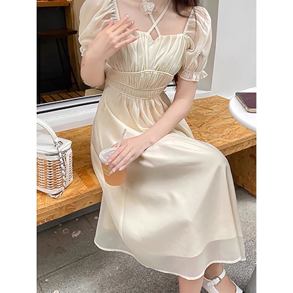 ĐẦM KEM MIDI CHÉO DÂY CỔ TAY BO