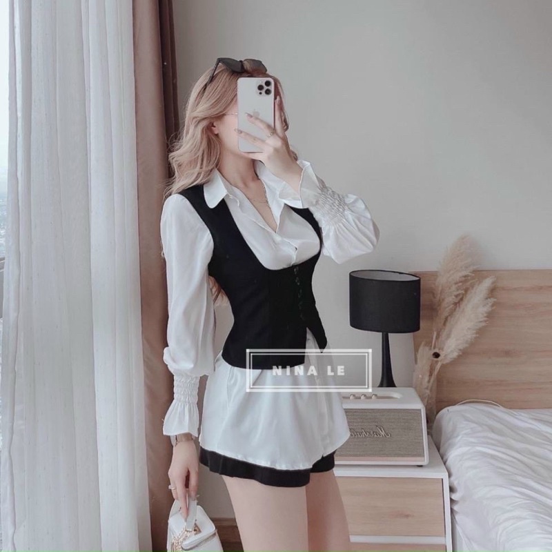 (SHOP BIGSIZE NỮ 50kg đến 90kg) Set áo sơ mi kèm áo khỉ phối cùng quần đùi