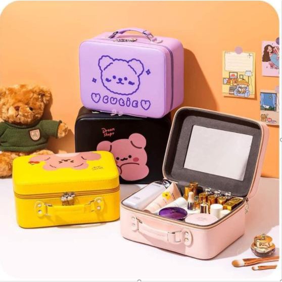 Hộp đựng mỹ phẩm Baby bear má hồng dream shop, Cốp đựng mĩ phẩm gấu,Hộp đựng mĩ phẩm đồ trang điểm, makeup kèm gương