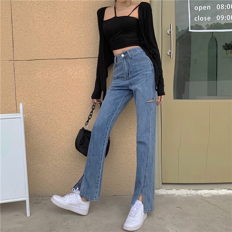 KUCHIMACHIC - Quần jeans rách xẻ gấu, ống vừa, chất liệu jeans mềm thích hợp đi học đi chơi mã 0062