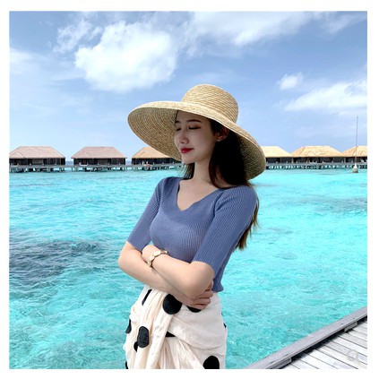 Áo Dệt Kim Nữ Tay Ngắn Cổ Chữ V Thời Trang Hàn Quốc