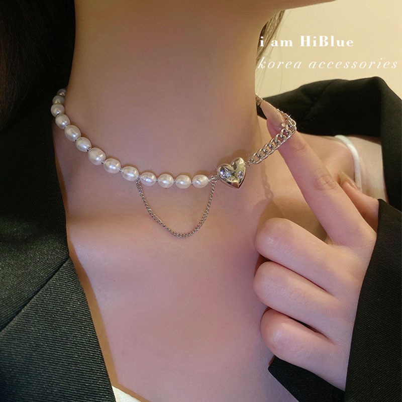 Vòng cổ dây xích chuỗi hạt ngọc trai phối mặt trái tim đính đá thời trang