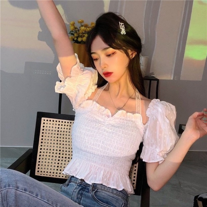 Áo phồng tay ren trắng kiểu pháp