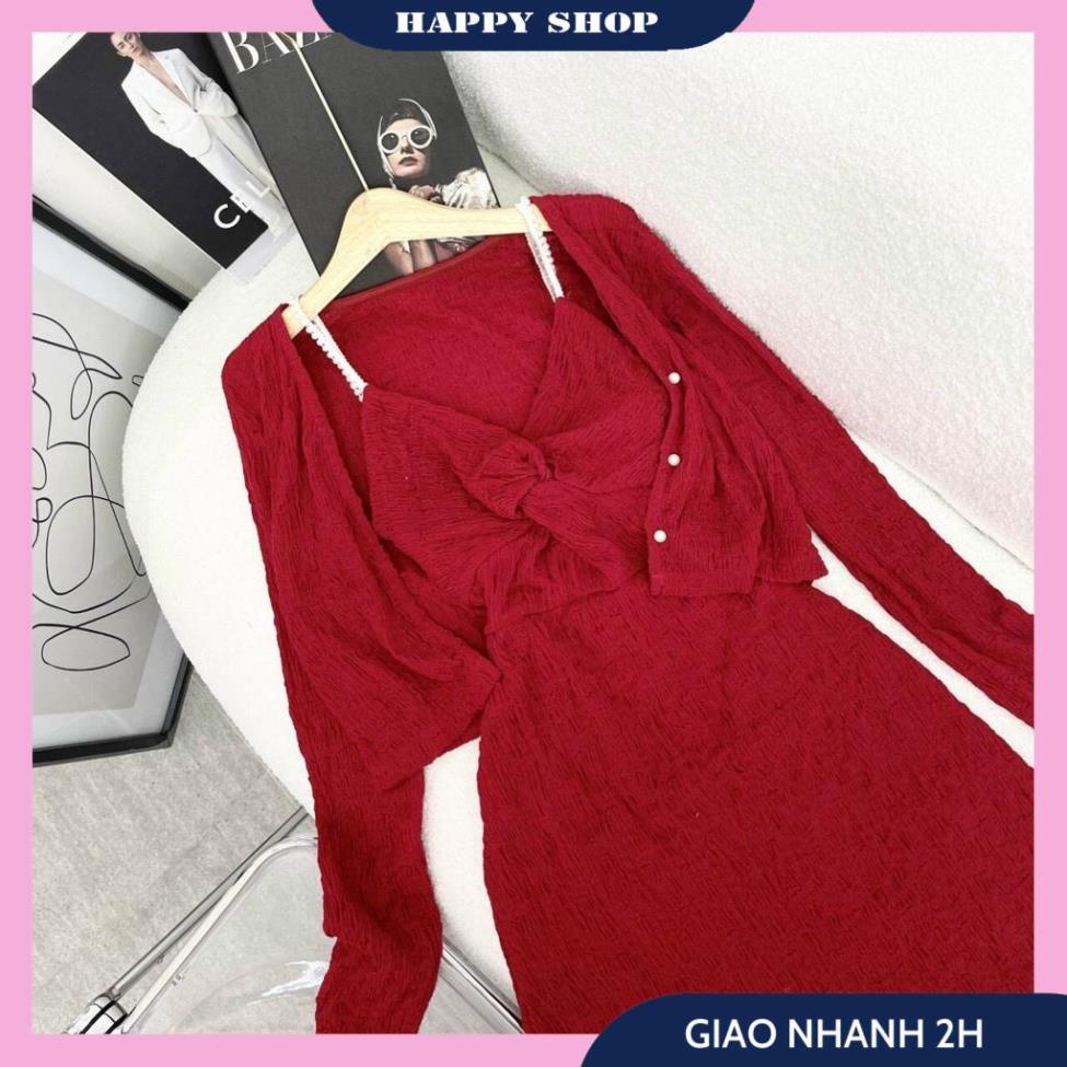 Set Đầm Đỏ, Váy 2 Dây Xoắn Ngực Kèm Áo Khoác Nữ Dáng Ngắn Tay Dài Phong Cách Thời Trang Trẻ Trung, Năng Động Cho Bạn Nữ | BigBuy360 - bigbuy360.vn