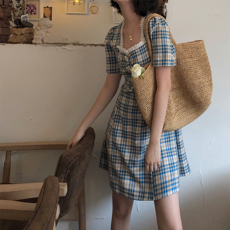 Xiaozhainv Đầm tay phồng ngắn cổ vuông họa tiết sọc caro thời trang Hàn Quốc dành cho bạn nữ | BigBuy360 - bigbuy360.vn