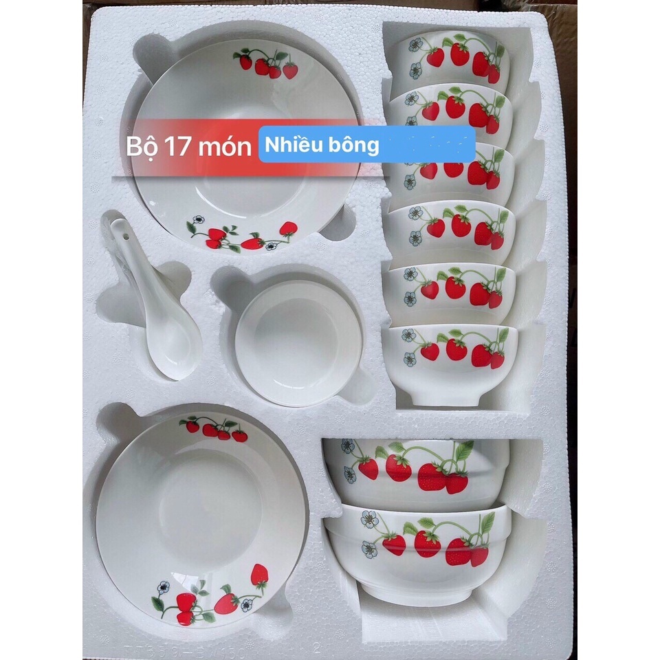 Bộ tô chén dĩa sứ hoa văn 17 món cao cấp chất liệu sứ tráng men sáng bóng-sét quà tặng