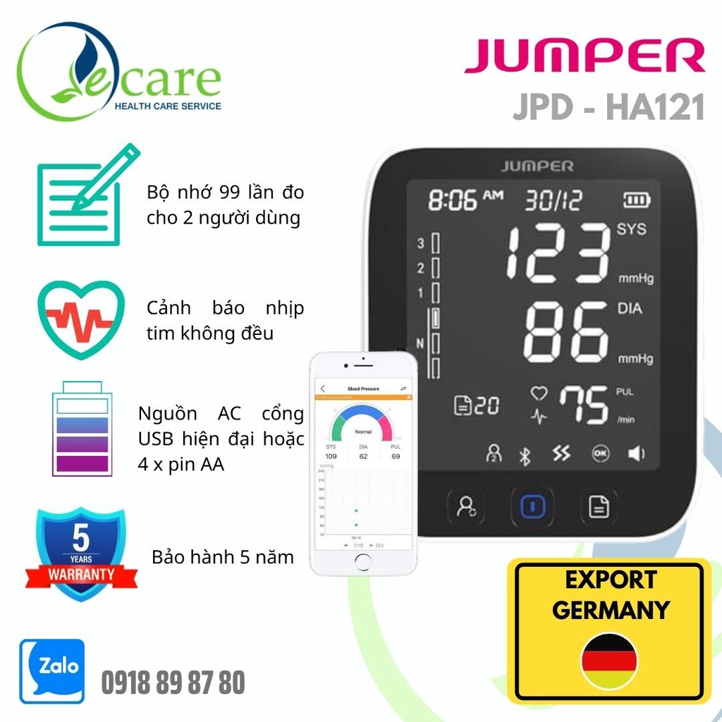 Máy đo huyết áp bắp tay cao cấp Bluetooth Jumper JPD - HA121 - Chuẩn FDA, CE