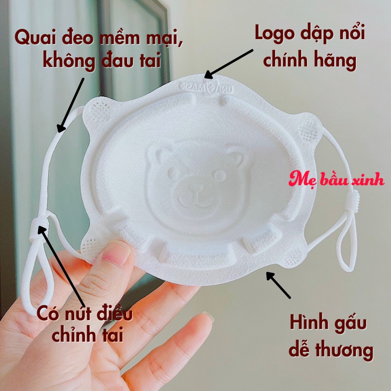 Set 3 Khẩu trang hình gấu 3D cho bé từ 0-3 tuổi thương hiệu Unimask cao cấp xuất Nhật, dây có nút điều chỉnh
