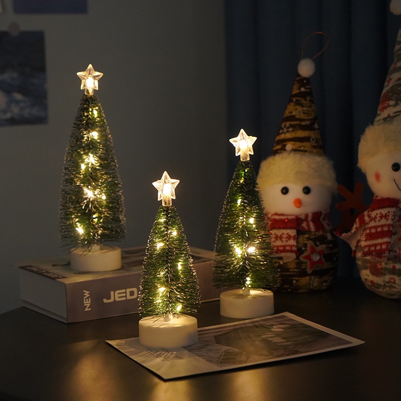 Bộ 3 Cây Thông Giáng Sinh Mini Có Đèn LED Phát Sáng Kèm Ngôi Sao / Quả Thông Nhỏ Trang Trí Cây Thông Noel