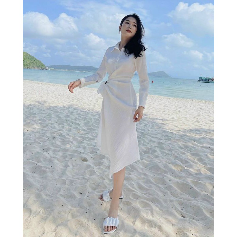 ĐẦM CỔ SƠMI TRẮNG CHÍT EO LỆCH TÀ🌸video thật shop quay D2205A