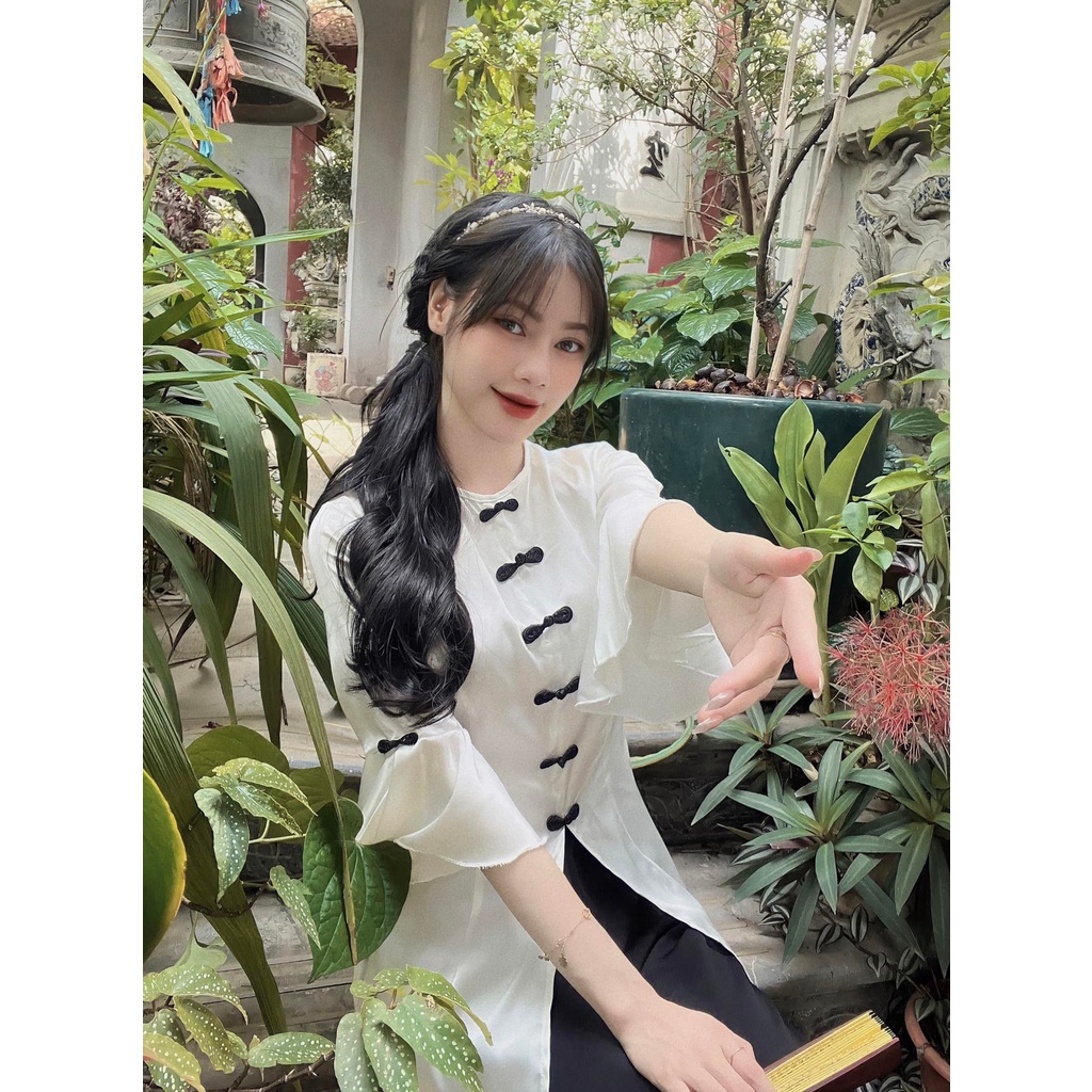 Đồ Lam Nữ Đi Chùa - Bộ Đi Lễ Chùa Vải Lụa Tay Xòe Trắng Quần Đen 2022 Dành Cho Phật Tử Nữ Xinh Xắn - AL041