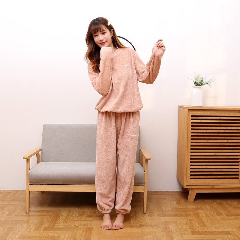 Bộ Nỉ Lông Thêu Chữ D.Studio Mặc Ở Nhà Dài Tay Siêu Ấm Hàng Quảng Châu, Bộ Đồ Ngủ Nữ