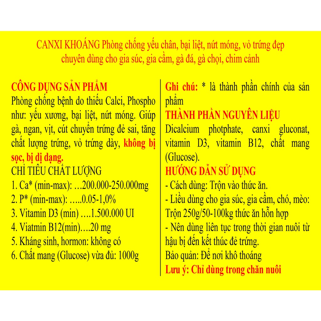 3kg CANXI KHOÁNG Phòng bại liệt, nứt móng, vỏ trứng đẹp cho gia súc, gia cầm, gà đá, gà chọi, chim cảnh, chó, mèo