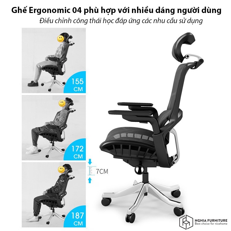 Ghế công thái học Nghia Furnniture Ergonomic 04 - Bigsize, hỗ trợ thắt lưng mạnh mẽ, ngả sâu 140 độ