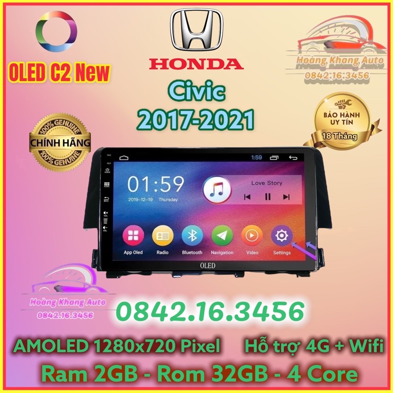 Màn hình Android OLED C2 New Theo Xe HONDA CIVIC 2017 - 2021, 9 inch kèm dưỡng và canbus + jack zin theo xe