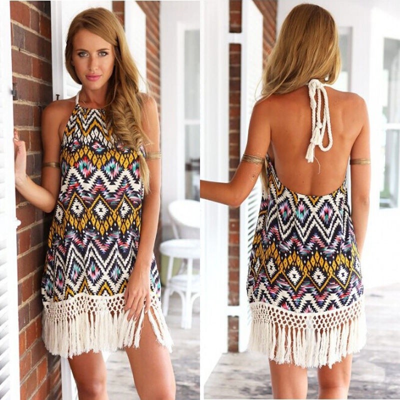 ☛☏❤Sexy Women Summer Casual Tassels Print Cocktail Party Evening Beach Mini Dress