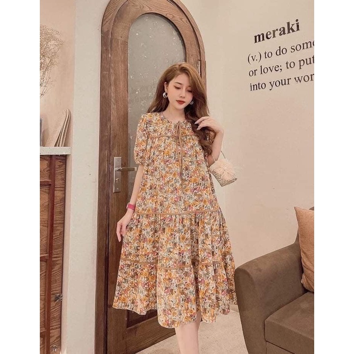 Váy bầu xinh hoa nhí babydoll, chất liệu lụa tằm mềm mát thoải mái cho mẹ bầu đi làm