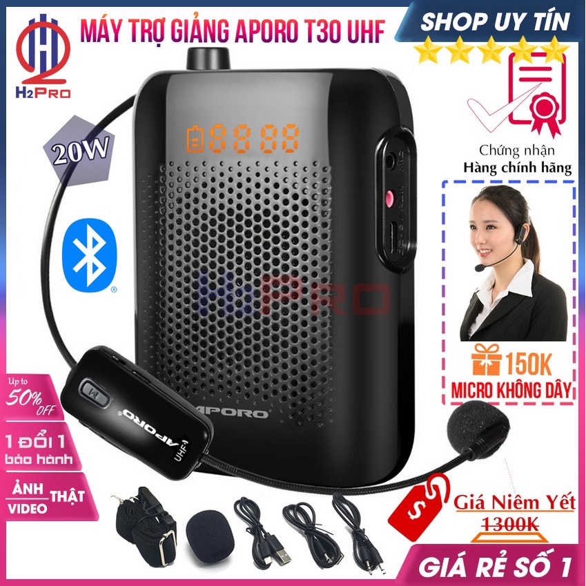 Máy trợ giảng Aporo T30-UHF H2Pro 20W-micro không dây-Bluetooth 5.0-USB-Thẻ nhớ-Đài FM (1 bộ) (tặng mic trợ giảng 169k)