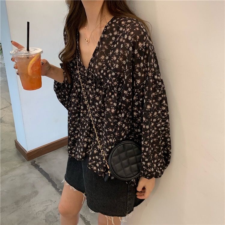Áo sơ mi RENJIANVSHENG 198524 chất voan cổ chữ V họa tiết hoa phong cách retro Hàn Quốc cao cấp