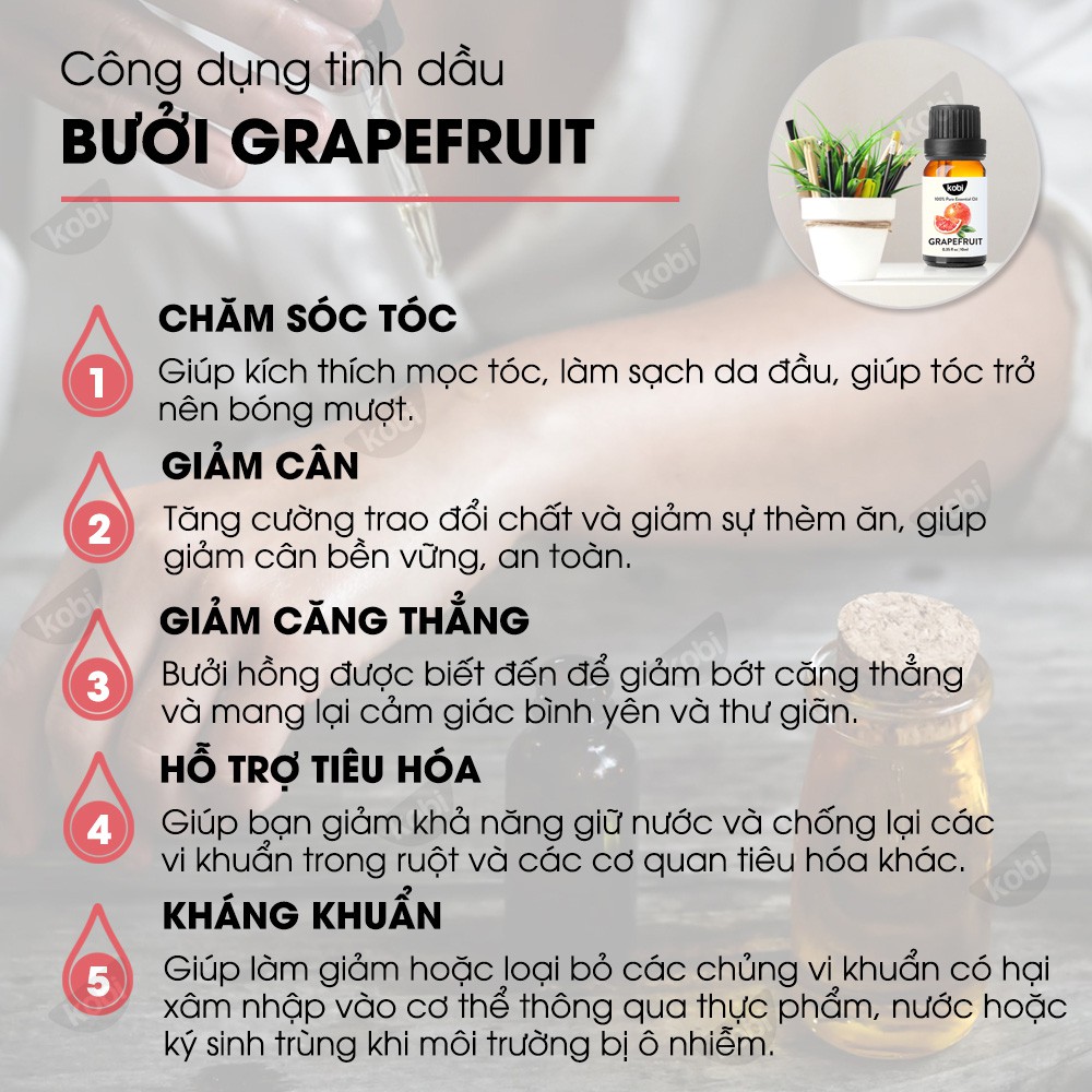 Tinh dầu Bưởi Hồng Kobi Grapefruit essential oil giúp thơm phòng, kích thích mọc tóc hiệu quả - 10ml