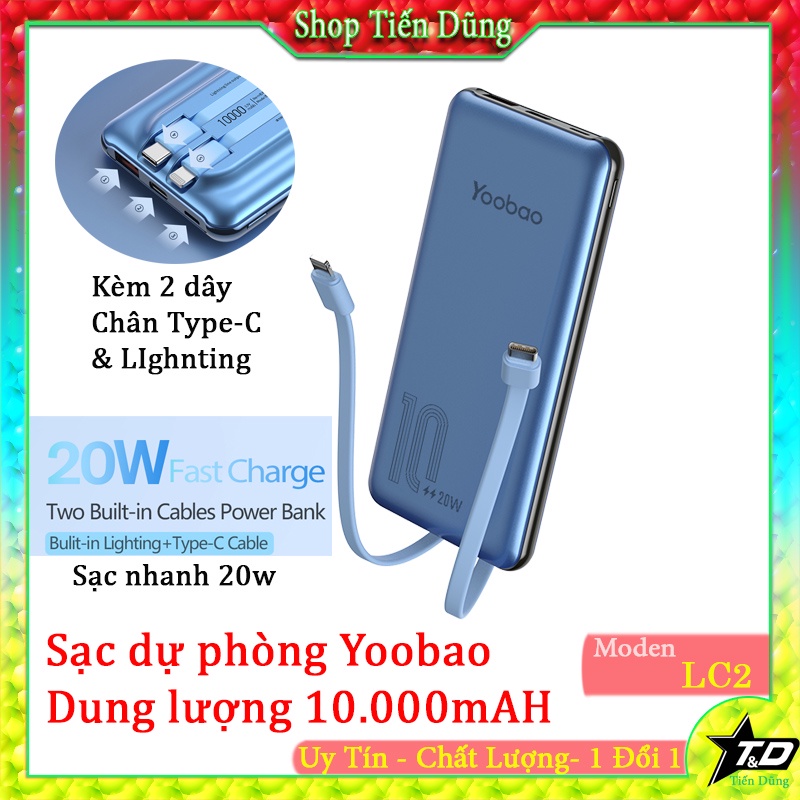 Pin sạc dự phòng Yoobao LC2 10000mAh Siêu mỏng Di động Sạc nhanh 20w có 2 dây sạc đi kèm Giao diện USB Type-c Chính Hãng