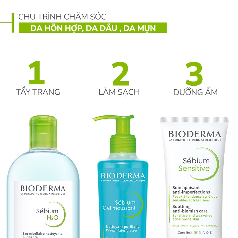 Bộ nước tẩy trang và làm sạch công nghệ Micellar cho da dầu, mụn Bioderma Sebium H2O 500ml và Gel rửa mặt tạo bọt 200ml