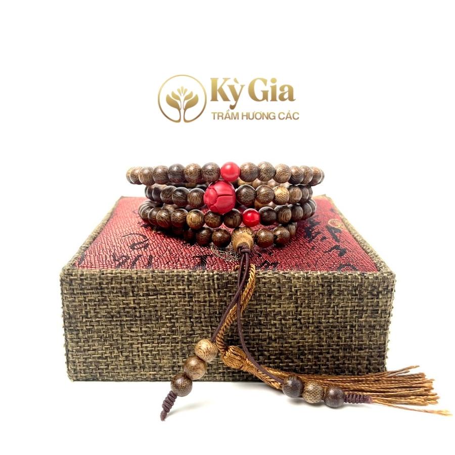 Vòng Tay Tràm Hương Kỳ Gia 108 Hạt 6 Li Charm Sen Chu Sa