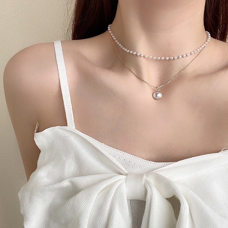 Vòng cổ Hai Lớp Đính Ngọc Trai Phong Cách Hàn Quốc Ngọt Ngào Thời Trang Cho Nữ