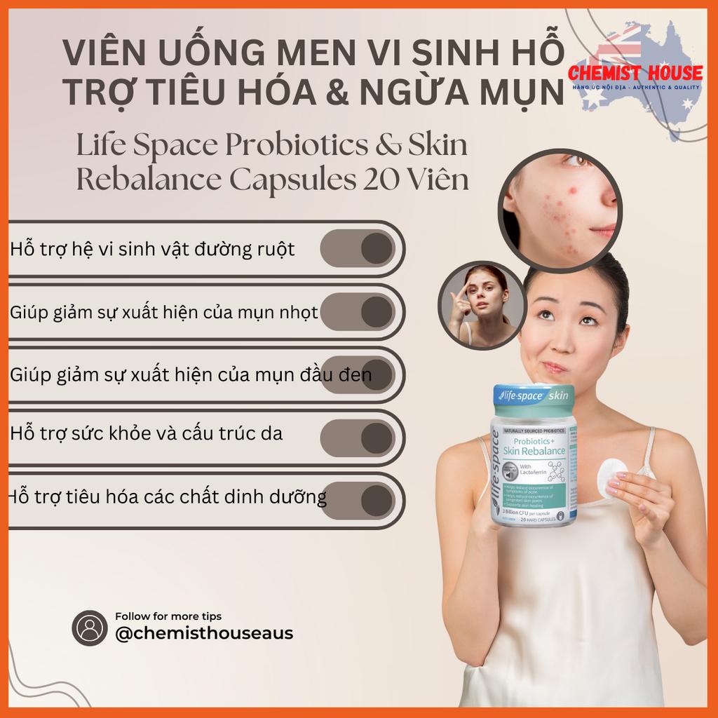 Men Vi Sinh Lợi Khuẩn Ngừa Mụn Tái Tạo Cân Bằng Da - Life Space Probiotics &amp; Skin Rebalance 20 viên