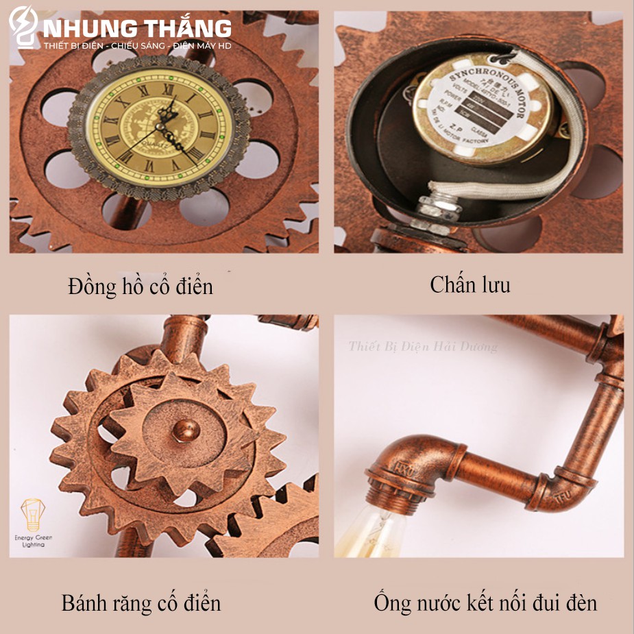 Đèn Tường Retro DT-0218 - Bánh Răng , Đồng Hồ Chuyển Động Cùng Đèn - Kiểu Dáng Cổ Điển - Tặng Kèm 3 Bóng T64