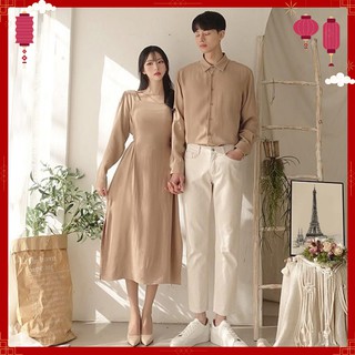 Áo đôi nam nữ ❤️FREESHIP❤️ Set áo váy sơ mi thời trang Hàn Quốc dáng dài cổ vuông AV73