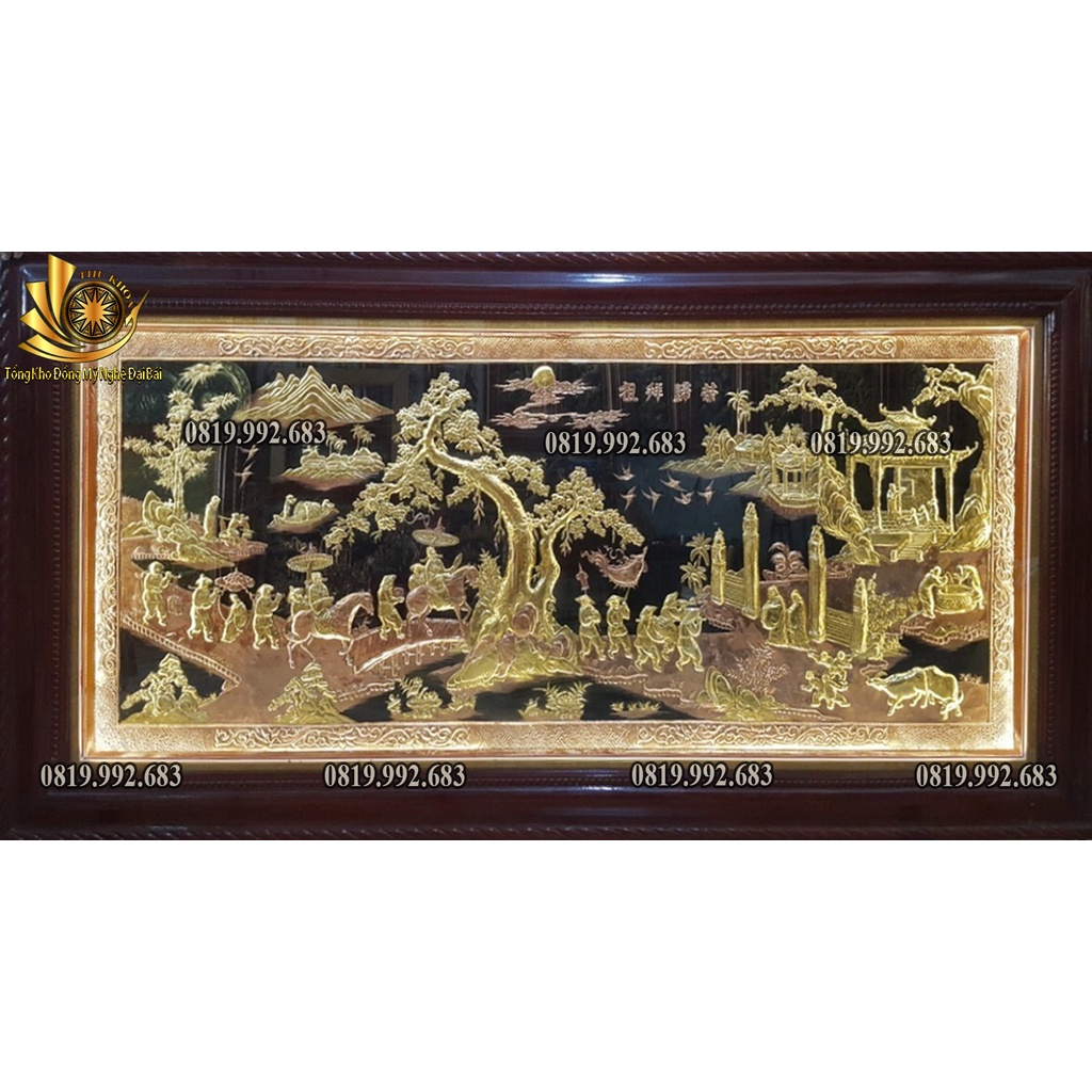 Tranh Vinh Quy Bái Tổ Bằng Đồng Mạ Vàng Khung Gỗ Sồi 170x90cm Cao Cấp Làng Nghề Đúc Đồng Đại Bái Miễn Ship Toàn Quốc