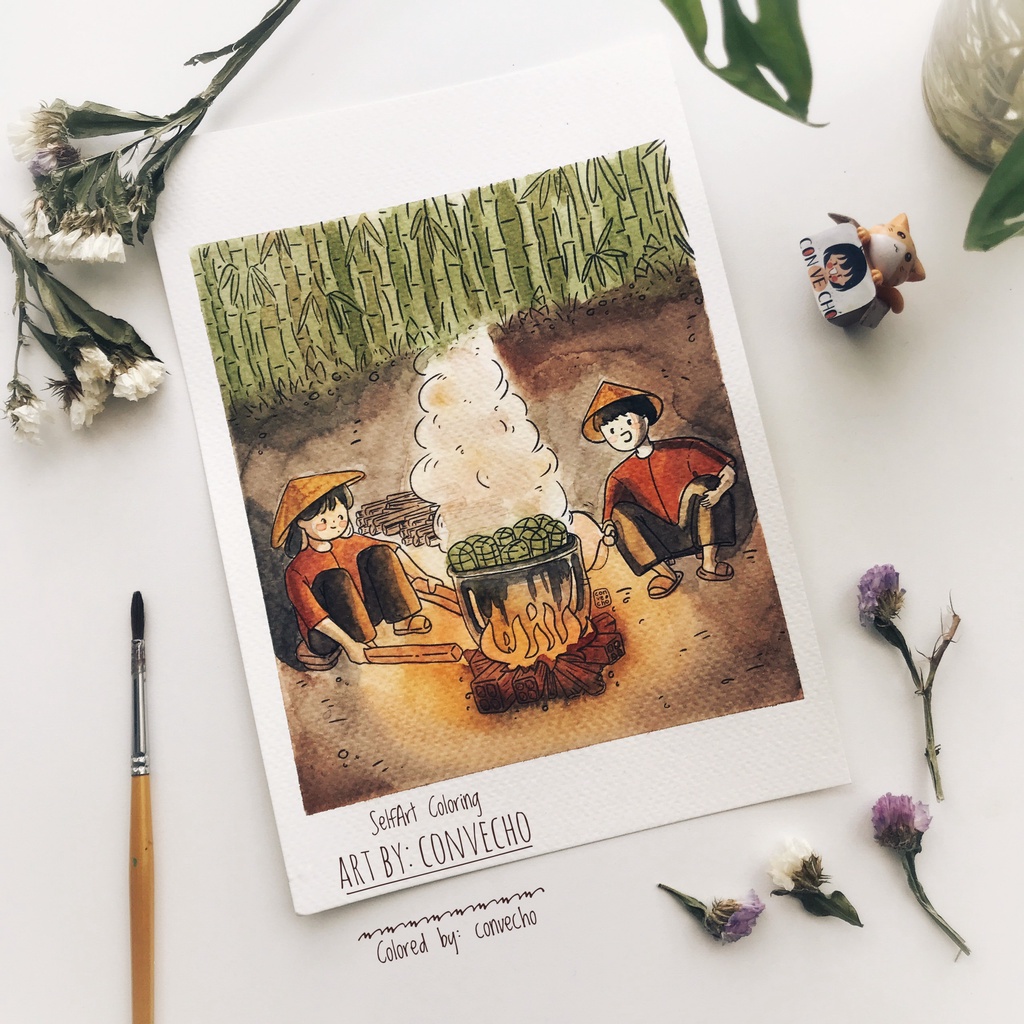 [Tranh họa sĩ] Postcard thiệp tô màu &quot;Đón tết&quot; của @convecho, giấy vẽ coldpress 300gsm