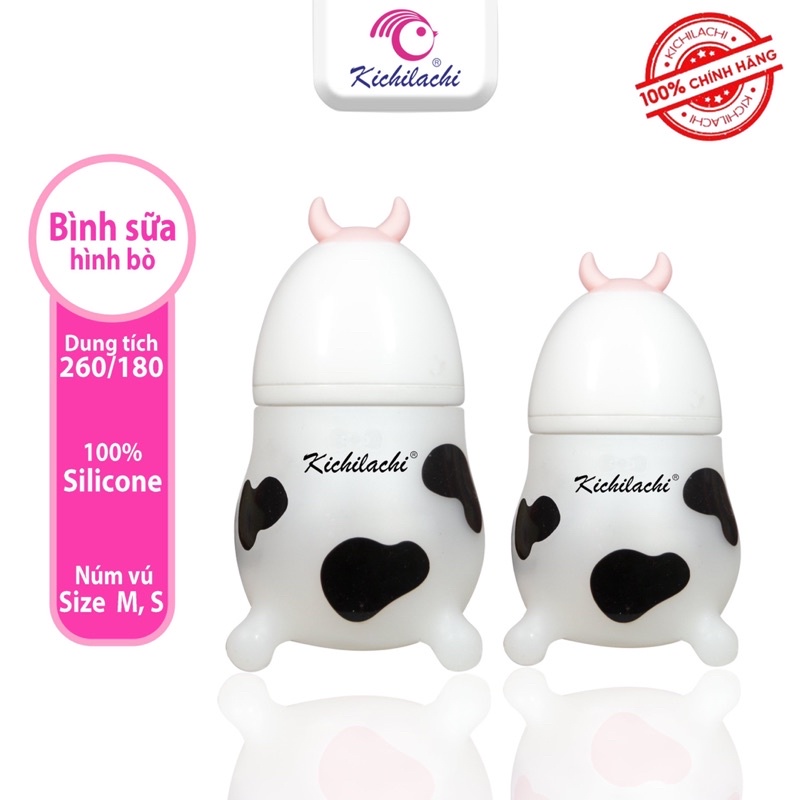 Núm Ti Bình Bò Sữa Kichilachi Cổ Rộng 100% Silicone Cao Cấp, Siêu Mềm, Mô Phỏng Bầu Vú Mẹ