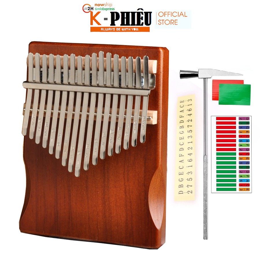 Đàn kalimba 17 phím bằng gỗ cây cà phê sử dụng ngón tay cái KPHIEU-M17 Tặng búa chỉnh âm stick dán màu stick dán nốt