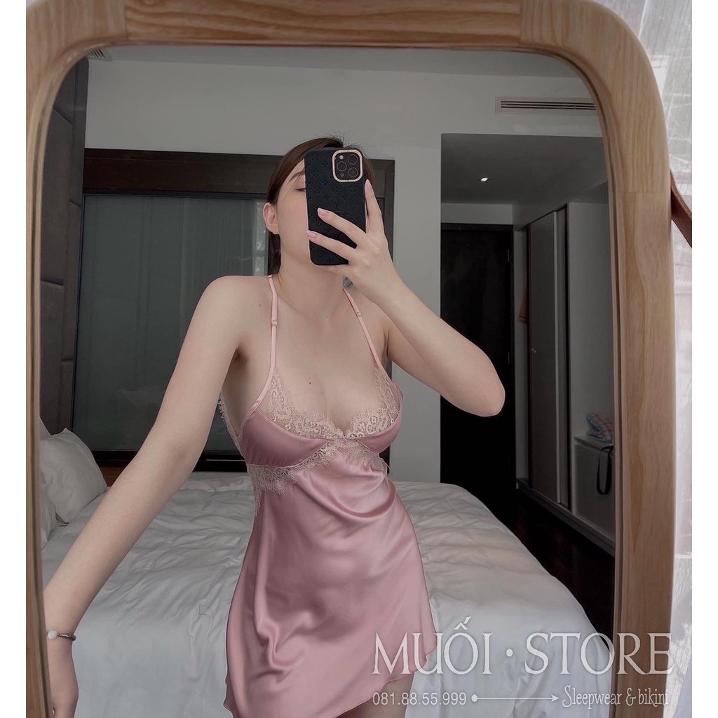 Váy ngủ lụa sexy phối ren nơ lưng ❤️FREESHIP❤️ Đầm mặc nhà gợi cảm  QUẢNG CHÂU Muối store sx 57( video- ảnh)
