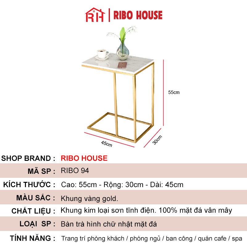 Bàn trà sofa RIBO HOUSE mặt đá kệ trang trí phòng khách, khách sạn, ban công, tiệm spa hình chữ nhật RIBO53