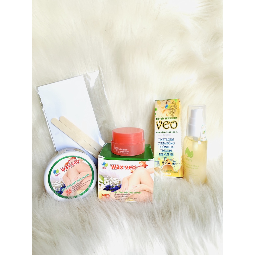 ( Tặng DƯỠNG MÔI COLLAGEN + Que giấy wax ) Wax lông Veo tẩy sạch lông nách tay chân 175gr + Mỡ trăn triệt lông vĩnh viễn