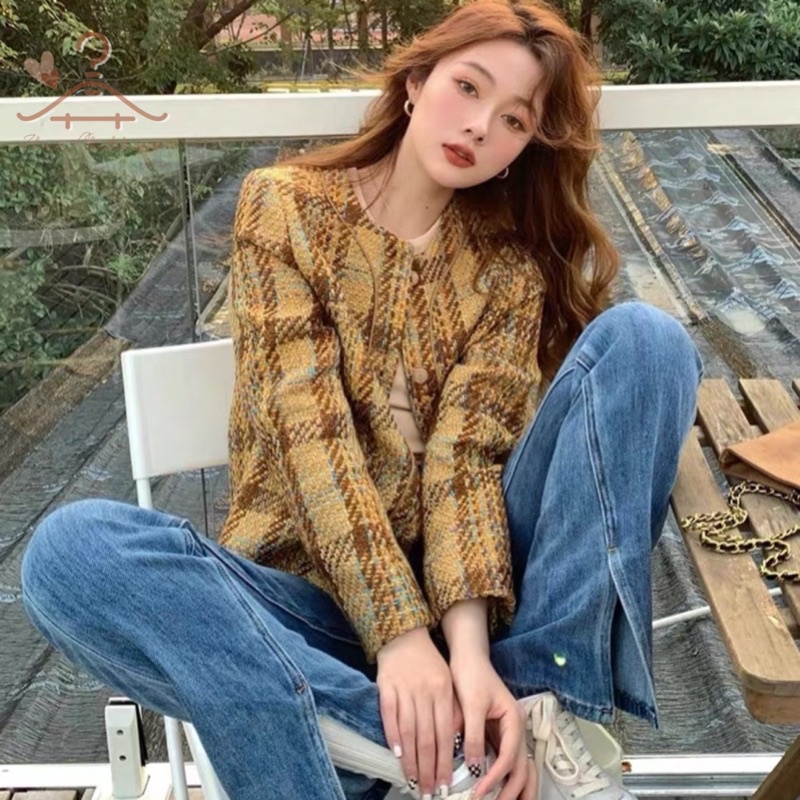 Áo khoác dạ tweed nữ màu nâu vàng mùa thu đông phong cách Hàn Quốc