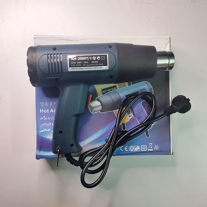 Máy khò nhiệt màng co 2000W Hot Air Gun, thổi nhiệt khò hơi nóng bọc màng co giỏ quà tết, đóng seal hộp, dán decal